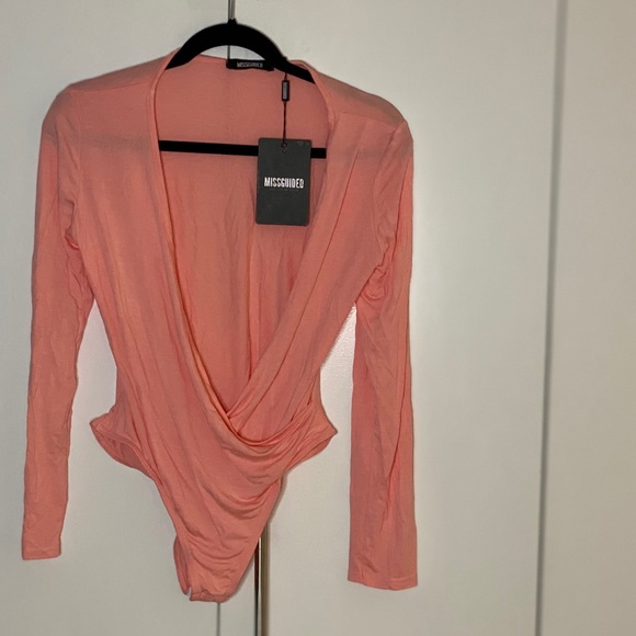 Missguided Long Sleeve Wrap Over Plunge Bodysuit - Picture 2 of 5